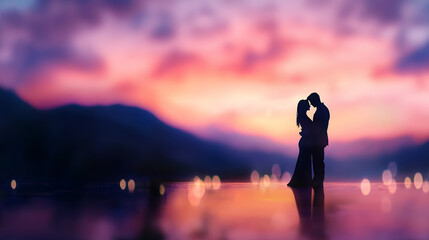 Obraz premium romantic silhouette of couple embracing against vibrant sunset backdrop, creating dreamy atmosphere filled with love and connection