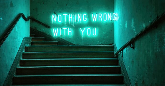 Naklejki Glowing teal neon nothing wrong with you in heavy font glowing above stairwell with creaking steps and worn out wallpaper
