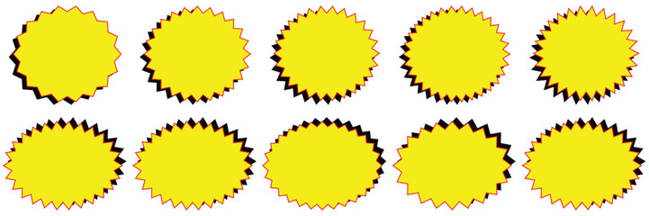 Starburst sale price stickers and labels, star and rosette, sunburst, callout and splash,
 stamp and tag badges. Isolated vector circle and oval red stickers