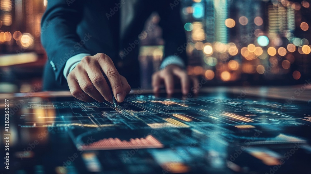 Poster a person is analyzing data on a digital illuminated display