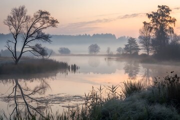 Fototapeta premium misty sunrise over calm lake reflecting autumn trees with frosted reeds and grasses in the foreground 