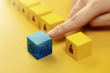 Unemployment Issue Impact from AI Technology Concept. Human Resource Choosing an AI Cube that Stand...