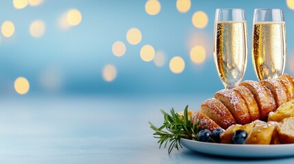 Sweet Pastries and Champagne Flutes on Blue Background