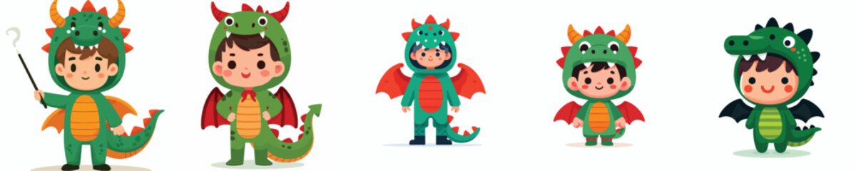a set of vectors of boys wearing dragon costumes