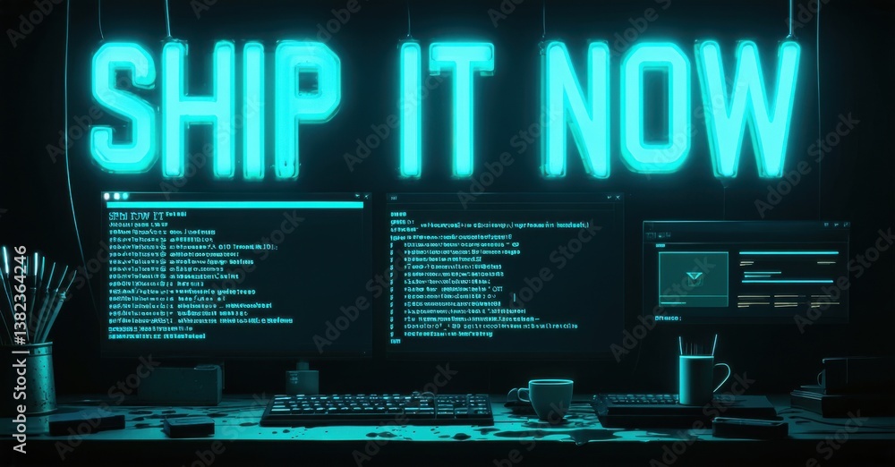 Poster neon sign displays ship it now. dark workspace with multiple monitors showing code. mug, keyboard, p