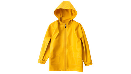 A bright yellow raincoat with a hood and zipper closure isolated on a plain  shot in studio on transparent background png