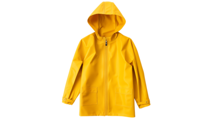 A bright yellow raincoat with a hood and zipper closure isolated on a plain  shot in studio on transparent background png