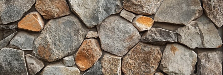 Obraz premium A wall constructed of irregularly shaped stones in shades of