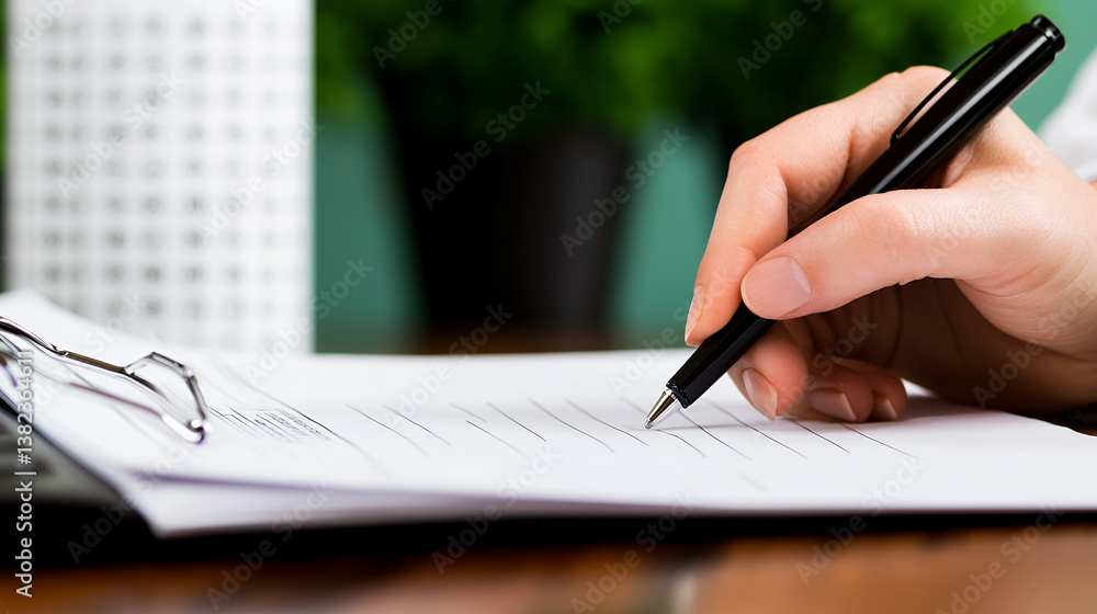 Poster writing with pen on blank sheet of paper, showcasing focus and productivity in workspace