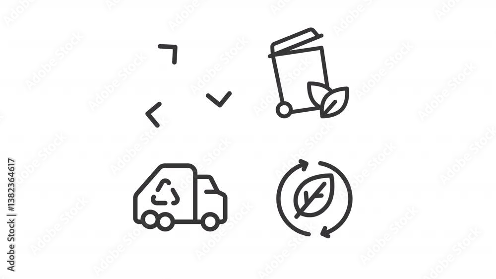 Poster waste management ui icons line animation set. garbage collecting, vehicle. reprocessing, reuse. tras