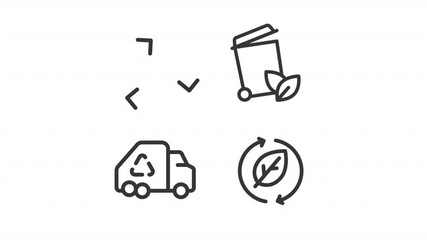 Waste management ui icons line animation set. Garbage collecting, vehicle. Reprocessing, reuse. Trash recycling animated user interface elements isolated on white. Alpha channel HD video