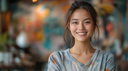 Obraz premium Young Asian woman smiling in front of pastel wall, expressing joy and warmth in a cozy home setting