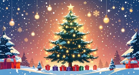 Christmas tree with lights and snowflakes gently falling around it anime cartoon style illustration artwork design background