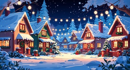 Christmas village houses decorated with snow and lights at night anime cartoon style illustration artwork design background