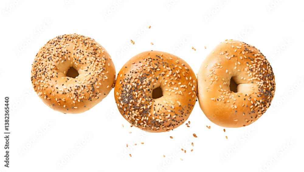 Poster a view of three bagels with seeds and poppy seeds on a in a horizontal line on transparent backgroun