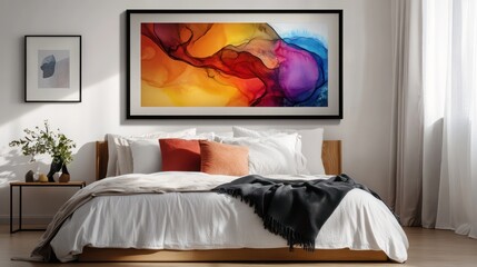 A bright bedroom featuring a statement oversized framed abstract painting with bold colors styled above a low-profile bed with simple linens