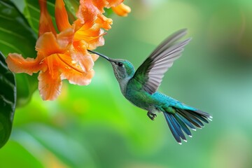 Fototapeta premium Hummingbird Longtailed Sylph Aglaiocercus kingi feeding on vibrant orange flowers in a lush green environment under soft daylight