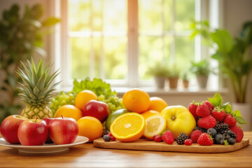 Fresh, juicy fruits glowing under the golden light of a peaceful morning