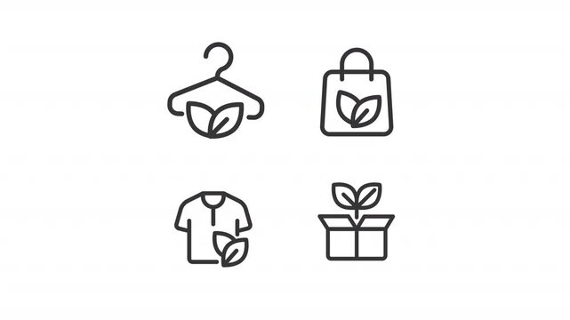 Eco fashion ui icons line animation set. Clothes, fabrics. Shopping handbag. Ecology preservation. Ecofriendly goods animated user interface elements isolated on white. Alpha channel HD video
