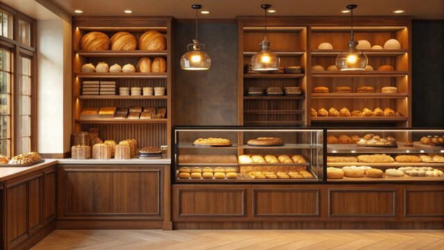 Variety of bread loaves and baked goods on wooden shelves in bakery interior. Food and shop concept