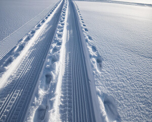 Close-up of horizontal, straight snow tracks in white snow from above.