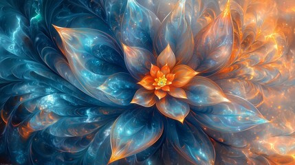 layered abstract composition of alien floral shapes with spiraling leaves and glow