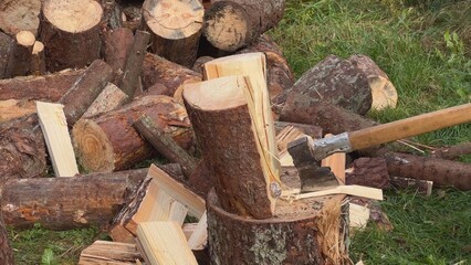 Lumberjack splitting firewood with axe on chopping block