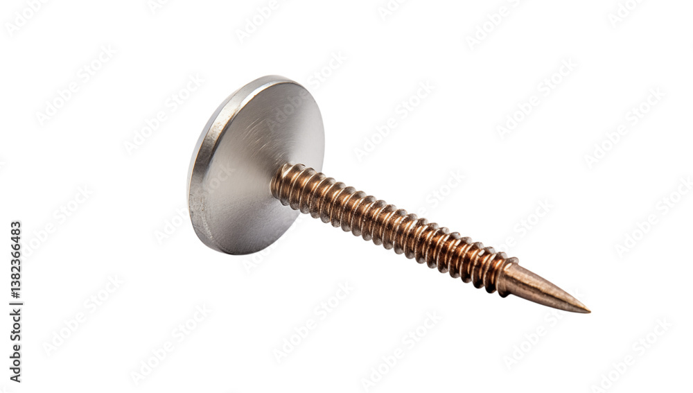 Poster a macro shot showcasing a single screw with a large silver head on a in sharp focus on transparent b