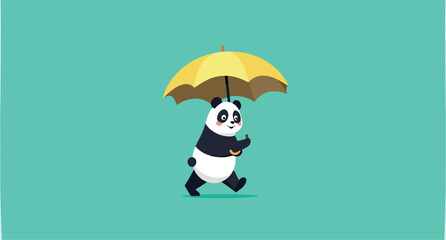 happy panda walking under yellow umbrella