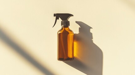 Amber spray bottle casting a shadow on a light background, ideal for cleaning product imagery