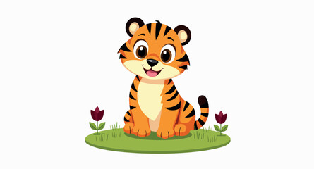 adorable cartoon tiger cub sitting in grass