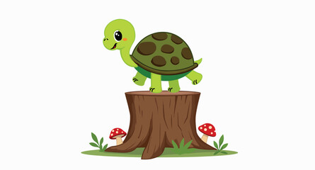 cheerful green turtle sits on a tree stump