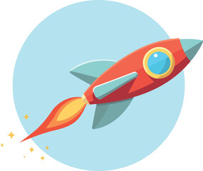 vibrant red cartoon taking off against a light-blue circular background