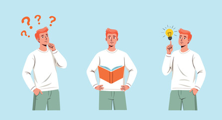 young man contemplating reading and having an idea