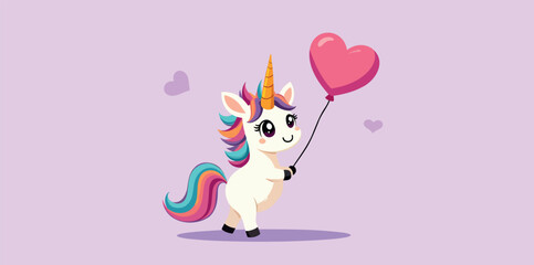 whimsical unicorn holding a heart-shaped balloon