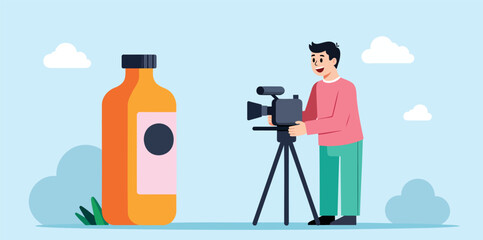 smiling man filming bottle product for