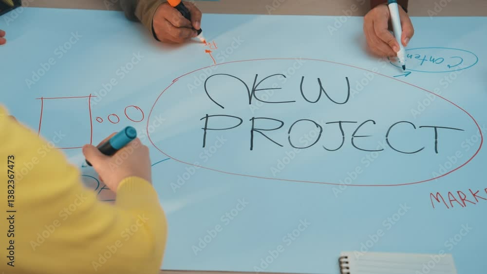 Poster a vibrant scene showing hands actively participating in a brainstorming session for a new project. m