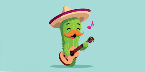 joyful cartoon cactus wearing a sombrero and playing a guitar