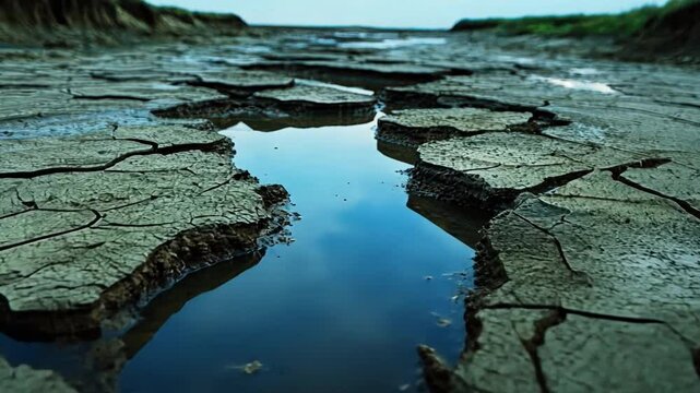 A cracked mudflat with the remains of a dried-up river, showing water scarcity issues.