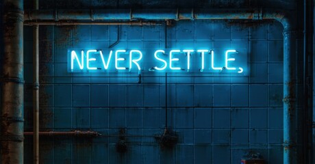 Bold never settle sign in thick white neon with light blue shadows glowing against dark industrial tiles with exposed wires and rust