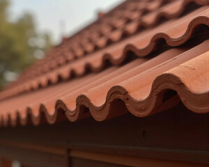 Close-Up Detail of Red Roof Ridge and Clay Tiles &ndash; Durable, Weatherproof, Traditional Architectural Design for Homes, Providing Insulation and Protection.