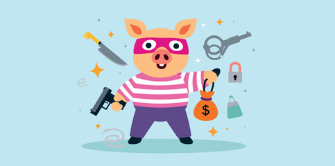 cartoon pig dressed as a thief holds a bag of money and weapons