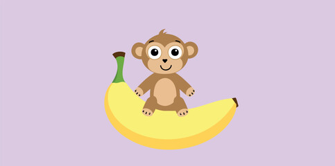 Fototapeta premium cheerful monkey sitting on a large yellow banana