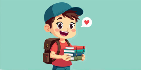cheerful boy carrying a stack of books expressing his love for reading and learning.