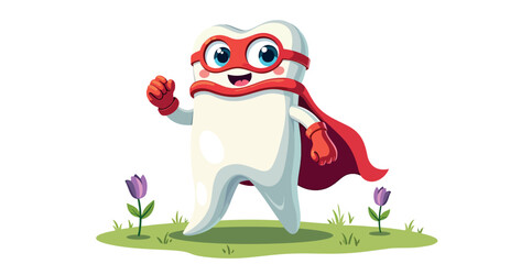 smiling superhero tooth character striding forward in a cheerful