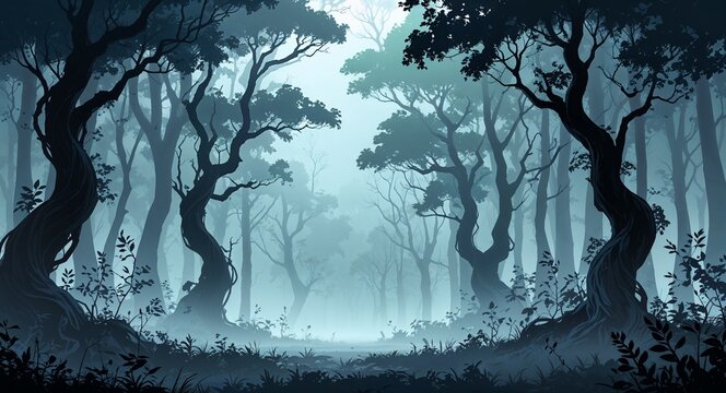 Dark forest with twisted trees and fog anime cartoon style illustration artwork design background