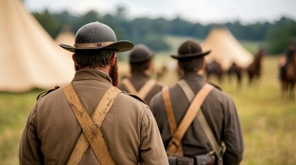 Soldiers Caring for Horses at Union Cavalry Camp in Historical Military Setting