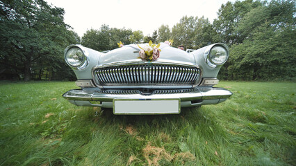 Vintage volga m21 wedding car resting on grassy meadow, surrounded by delicate blooming flowers,...
