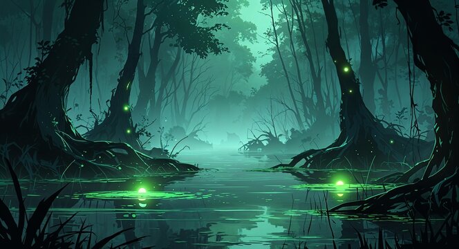 Dark swamp with glowing green eyes and eerie mist covered water anime cartoon style illustration artwork design background