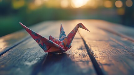 Colorful origami crane resting on a rustic wooden surface